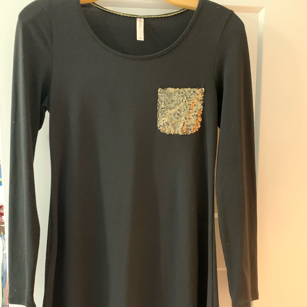 Black shift dress with gold sequin pocket